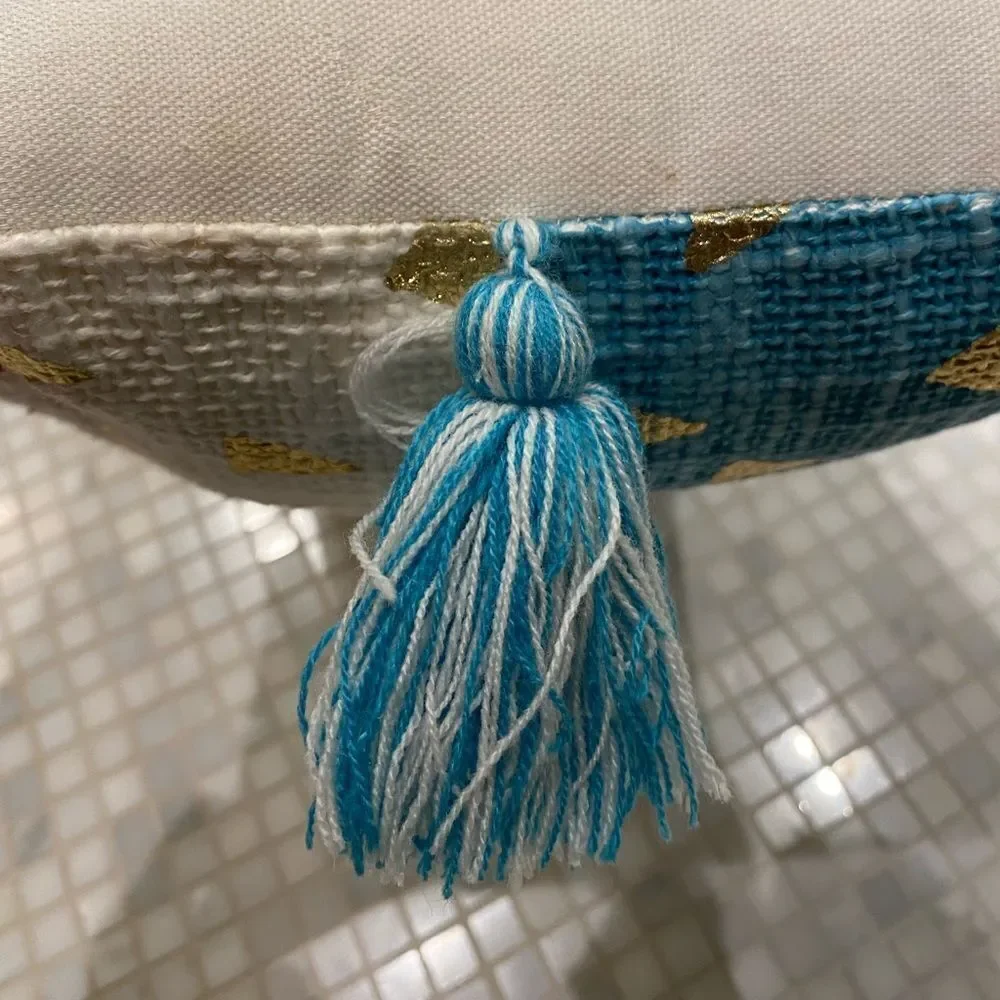 Pier One Lumbar Teal White Pillow with Tassels - Picture 4 of 9